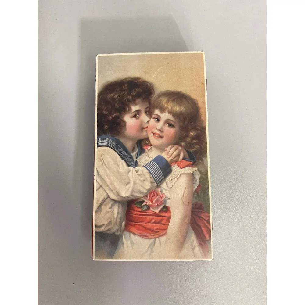Vintage Hoffmann Swiss Made Hinged Tin Box Children Kissing Romantic Artwork Red